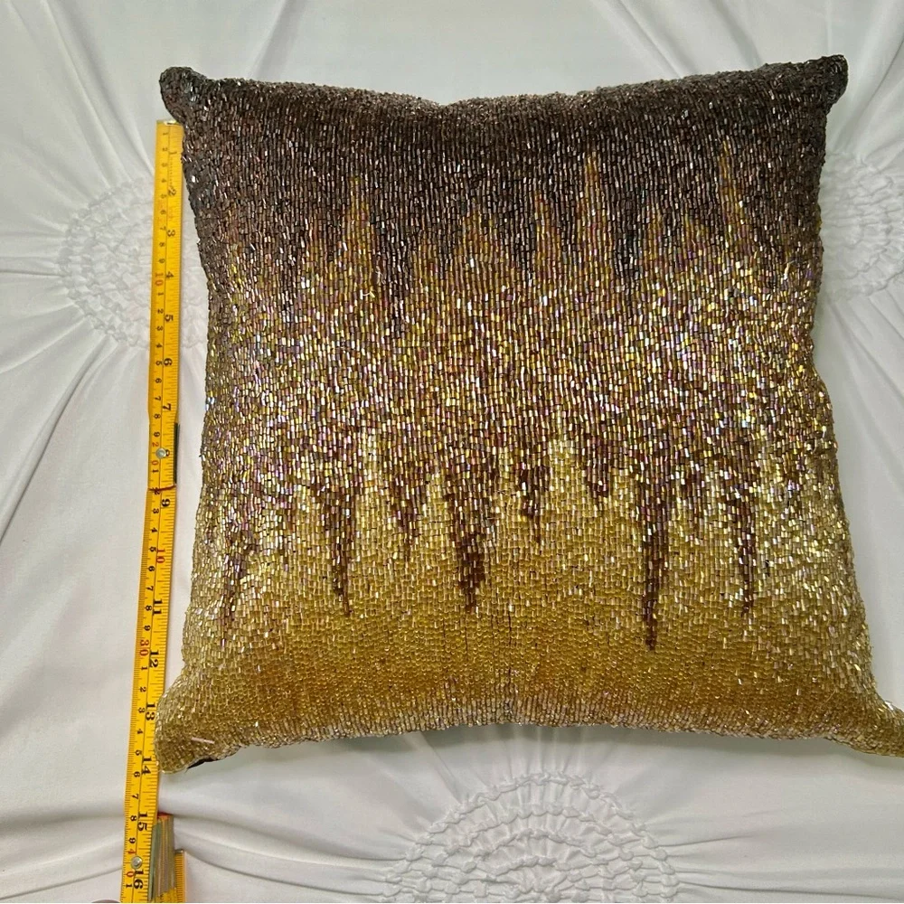 Pier 1 Gold & Brown Beaded Decorative Pillow 12x12